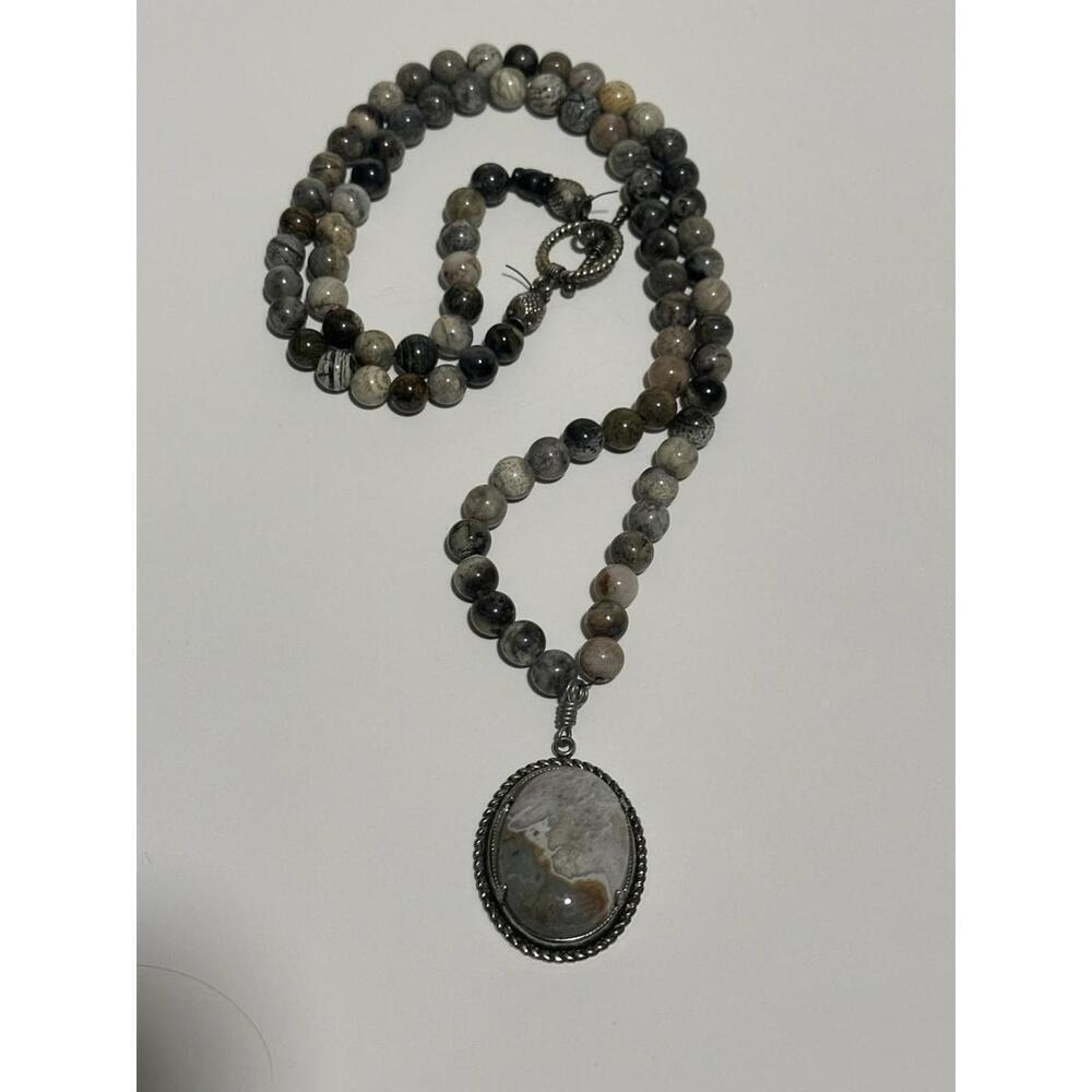 Earth Tone Agate Necklace With Pendant 27” Natural Stone Beads